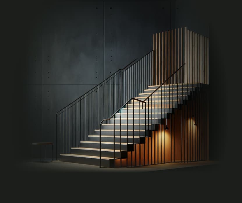 Rendu 3D d’un escalier en acier et bois avec claustra